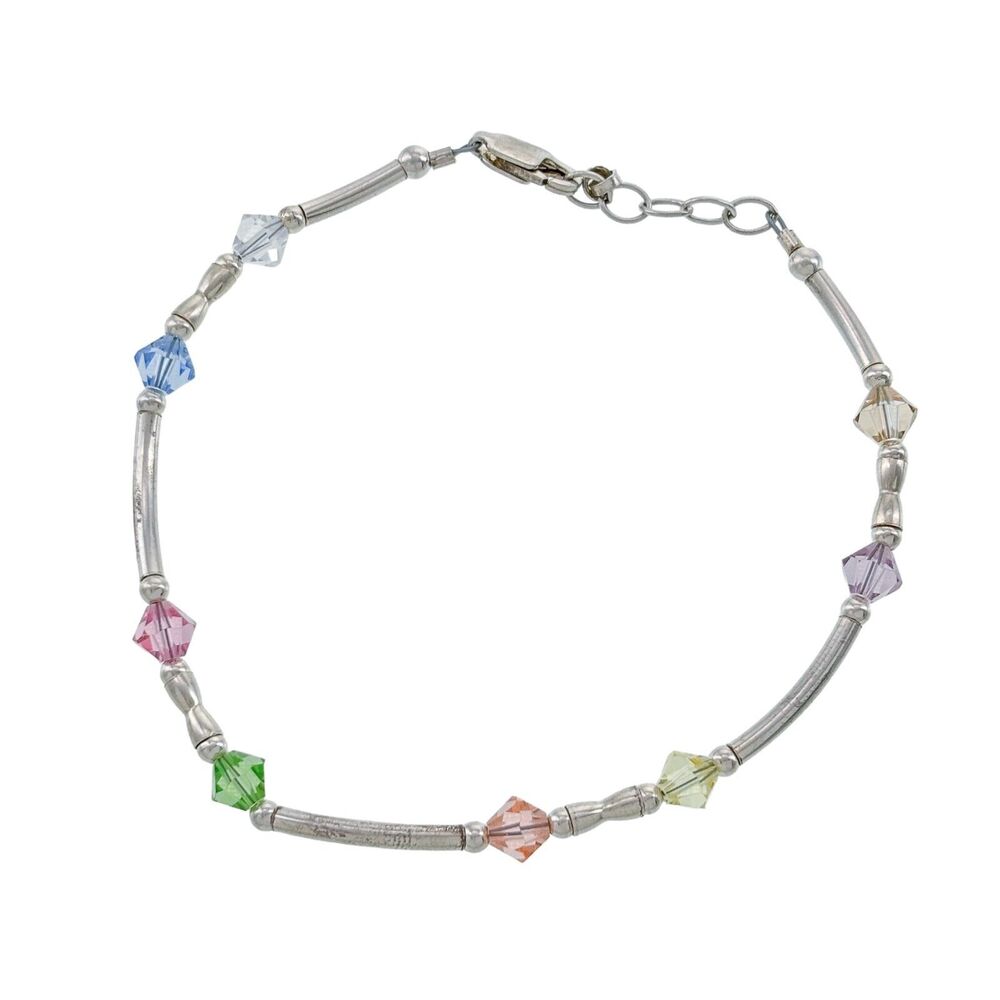 Vintage Sterling Silver 925 Tube Multi Color Crystal Beaded Bracelet 7"-7.5"